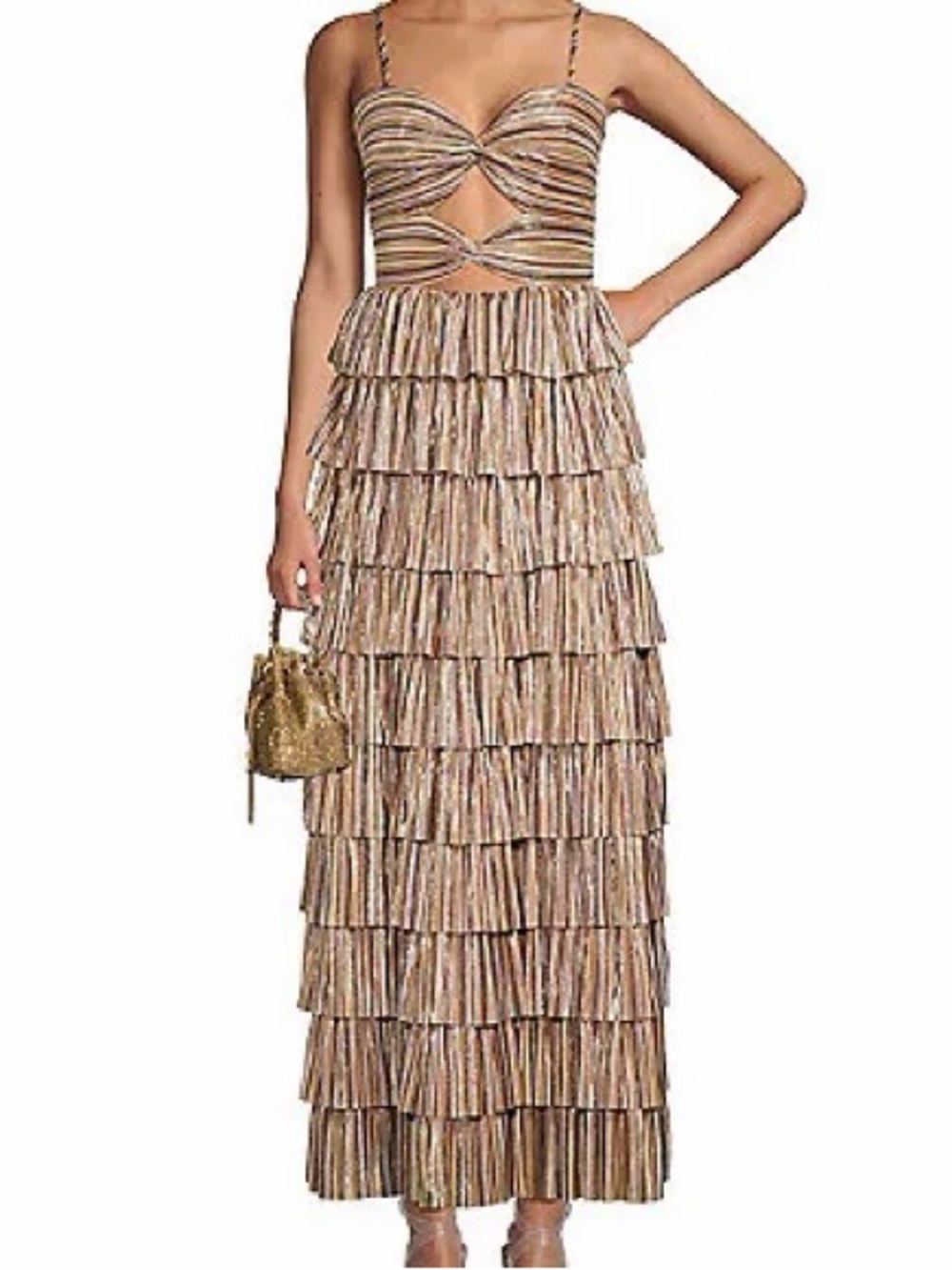 Gianni Bini Grace Metallic Plisse Sweetheart Neck Cut-Out Tiered Dress